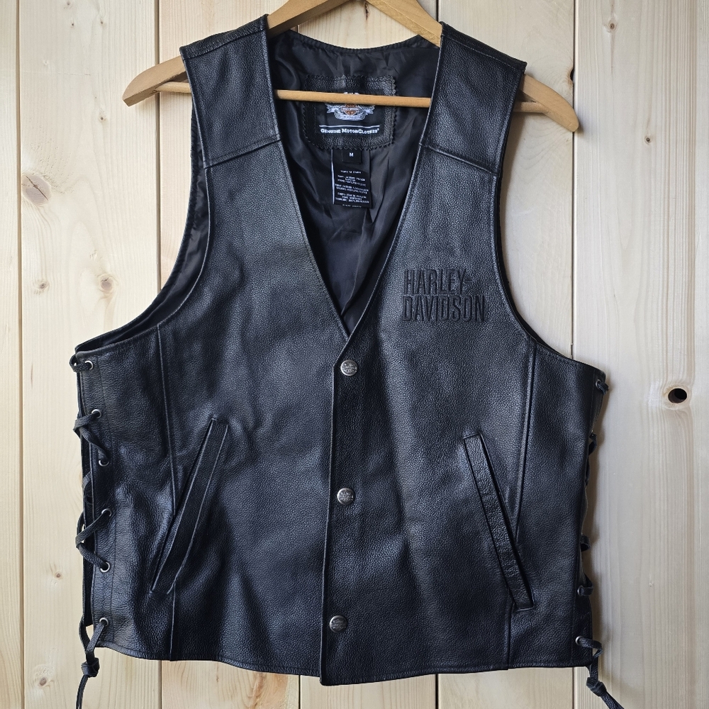 Harley Davidson Motorcycle Biker Button Up Pig Skin Leather Vest Mens Medium